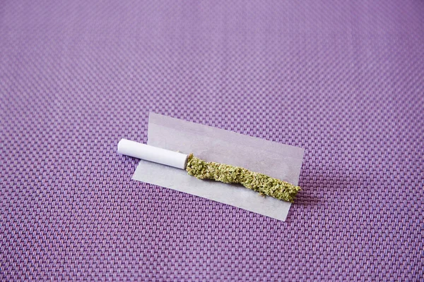 Μαριχουάνα Τροχαίο Τσιγάρο Επιστόμιο Χαρτί Μωβ Φόντο — Φωτογραφία Αρχείου