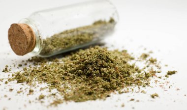 Ezilmiş marihuana, hava geçirmez cam kap, beyaz arkaplan, metin için boşluk