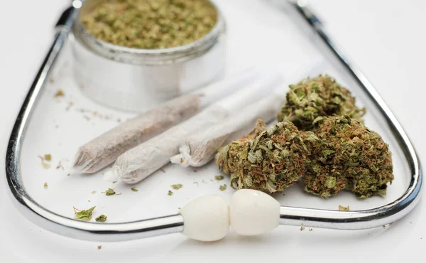 Marijuana Buds Joint Phonendoscope Grinder White Background Space Text — Stock Photo, Image