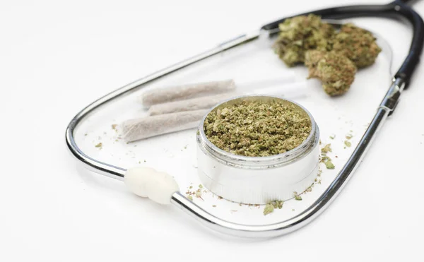 Grinder Marijuana Buds Joint Phonendoscope Stethoscope White Background — Stock Photo, Image