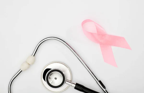 Pink Cancer Ribbon Stethoscope White Background International Symbol Breast Cancer — Stock Photo, Image