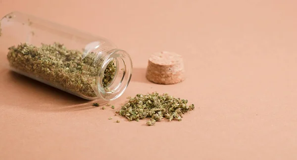 Mängd Marijuana Glasburk Kork Propp Brun Bakgrund — Stockfoto