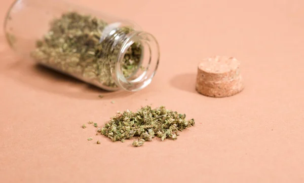 Mängd Marijuana Glasburk Kork Propp Brun Bakgrund — Stockfoto