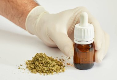 Marihuana yağı şişesi doktorun elinde ezilmiş marihuana yığını, beyaz arka plan