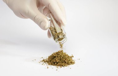 Bir yığın marihuana, eldivenli eller ve cam kap, beyaz arka plan