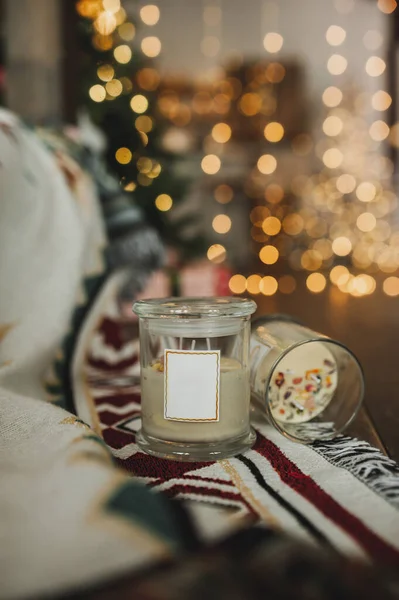 Βάζο Αρωματικό Κερί Αυτοκόλλητο Κενό Για Επιγραφή Χριστουγεννιάτικο Εσωτερικό Επιλεκτική — Φωτογραφία Αρχείου
