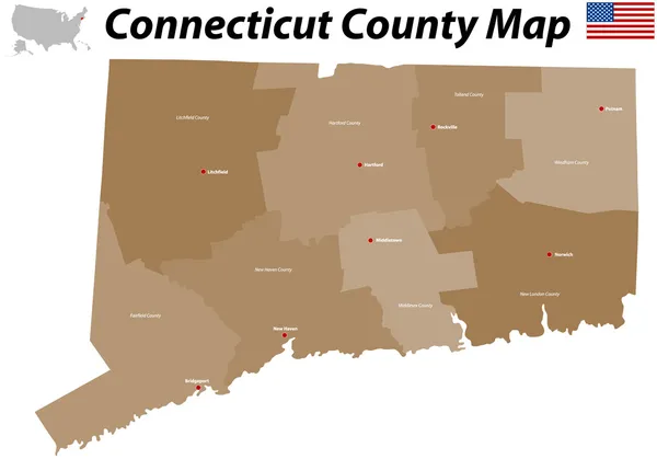Peta Connecticut County - Stok Vektor