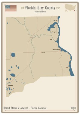 Florida, ABD 'deki Clay County' nin eski bir oyun kartının haritası..