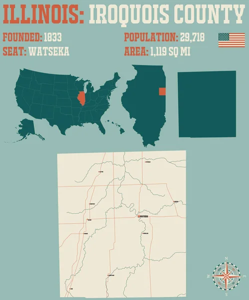 アメリカ合衆国イリノイ州のイロコイ郡の古いトランプの地図 — ストックベクタ