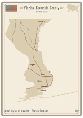 Florida, ABD 'deki Escambia ilçesinin eski bir oyun kartının haritası..
