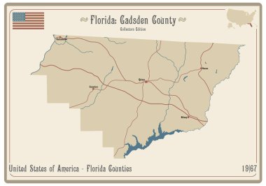 Florida, ABD 'deki Gadsden ilçesinin eski bir oyun kartının haritası..