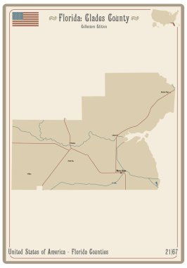 Florida, ABD 'deki Glades ilçesinin eski bir oyun kartının haritası..