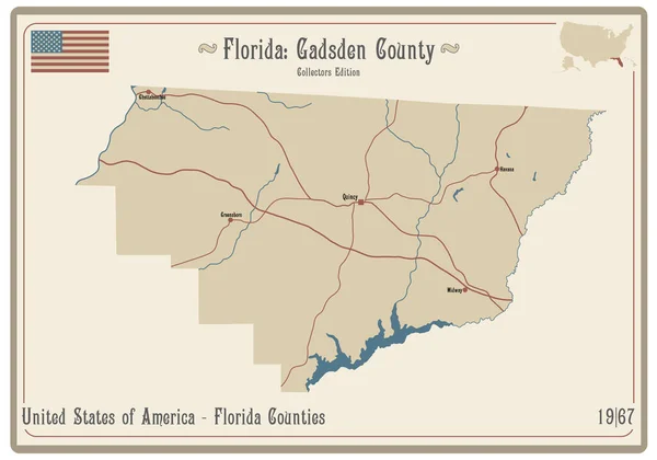 Karte Auf Einer Alten Spielkarte Von Gadsden County Florida Usa — Stockvektor