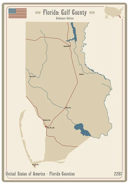 Mapa Starej Wizytówce Hrabstwa Gulf Florydzie Usa — Wektor stockowy