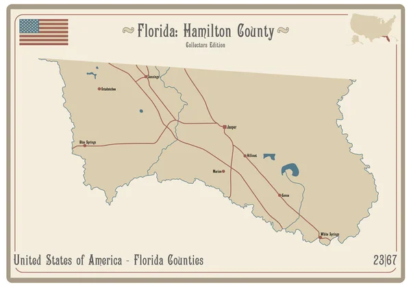 Karte Auf Einer Alten Spielkarte Von Hamilton County Florida Usa — Stockvektor