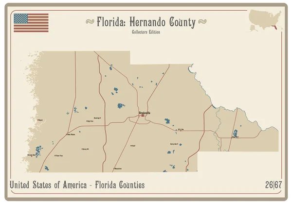 Karte Auf Einer Alten Spielkarte Von Hernando County Florida Usa — Stockvektor
