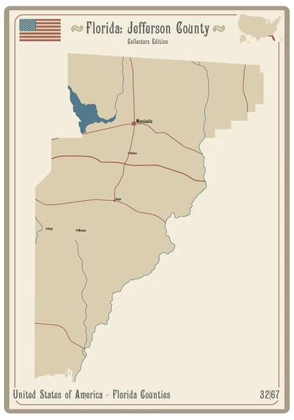 Karte Auf Einer Alten Spielkarte Von Jefferson County Florida Usa — Stockvektor