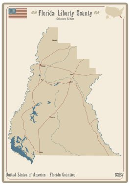 Florida, ABD 'deki Liberty County' nin eski bir oyun kartının haritası..