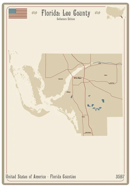 Karte Auf Einer Alten Spielkarte Von Lee County Florida Usa — Stockvektor