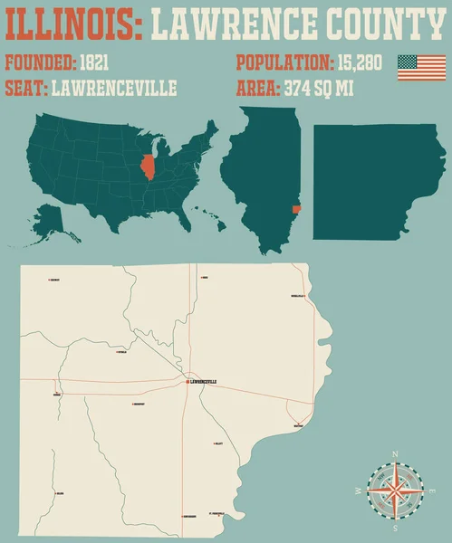 米国イリノイ州のローレンス郡の大規模かつ詳細な地図 — ストックベクタ