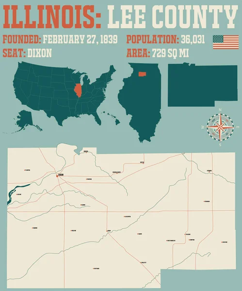 米国イリノイ州のリー郡の大規模かつ詳細な地図 — ストックベクタ