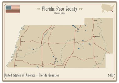 Florida, ABD 'deki Paco County' nin eski bir oyun kartının haritası..