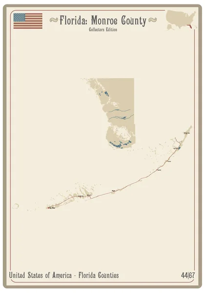 Karte Auf Einer Alten Spielkarte Von Monroe County Florida Usa — Stockvektor