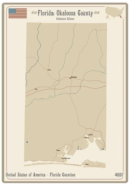 Mappa Una Vecchia Carta Gioco Della Contea Okaloosa Florida Usa — Vettoriale Stock
