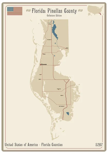 Mapa Viejo Naipe Del Condado Pinellas Florida Estados Unidos — Vector de stock