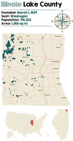 Mapa Grande Detallado Del Condado Lake Illinois Estados Unidos — Archivo Imágenes Vectoriales