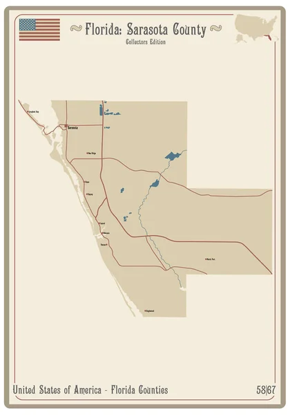 Carte Sur Une Vieille Carte Jouer Comté Sarasota Floride États — Image vectorielle