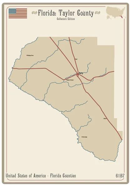 Karte Auf Einer Alten Spielkarte Von Taylor County Florida Usa — Stockvektor