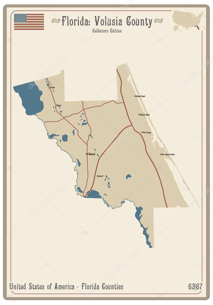 Map on an old playing card of Volusia county in Florida, USA.