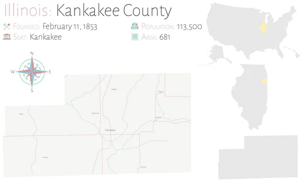 Mapa Grande Detallado Del Condado Kankakee Illinois Estados Unidos — Archivo Imágenes Vectoriales