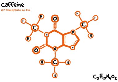 Geniş ve detaylı izole edilmiş kafein molekülü ve formülü.