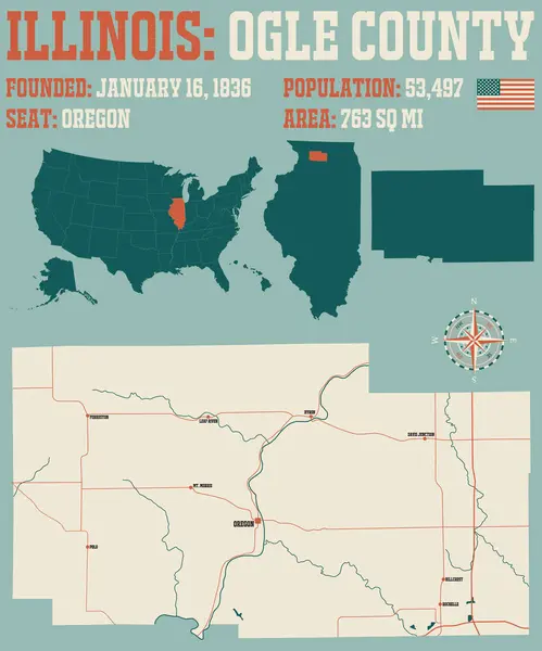 米国イリノイ州のオーグル郡の大規模かつ詳細な地図 — ストックベクタ