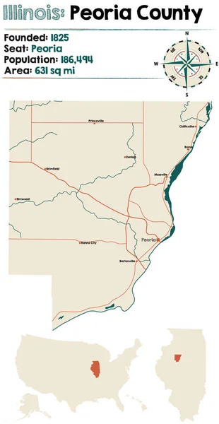 Illinois Abd Deki Peoria Ilçesinin Geniş Ayrıntılı Haritası — Stok Vektör