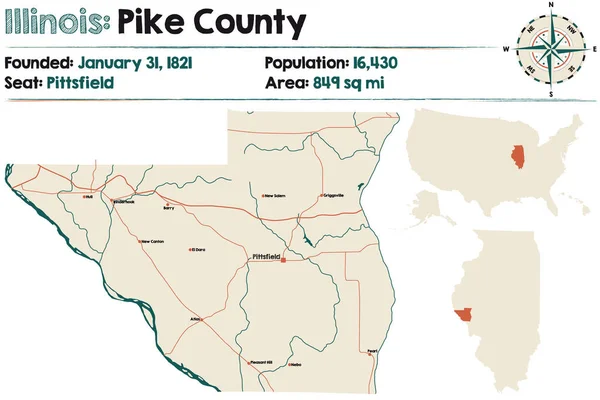 Mapa Grande Detallado Pike Illinois Estados Unidos — Archivo Imágenes Vectoriales