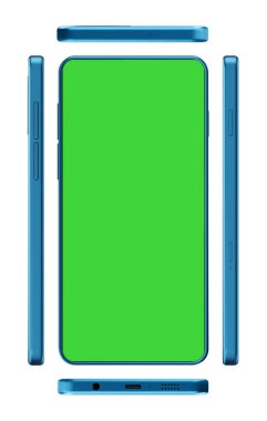 Beyaz arkaplanda yeşil ekranlı 3D gerçekçi görünümlü akıllı telefon.