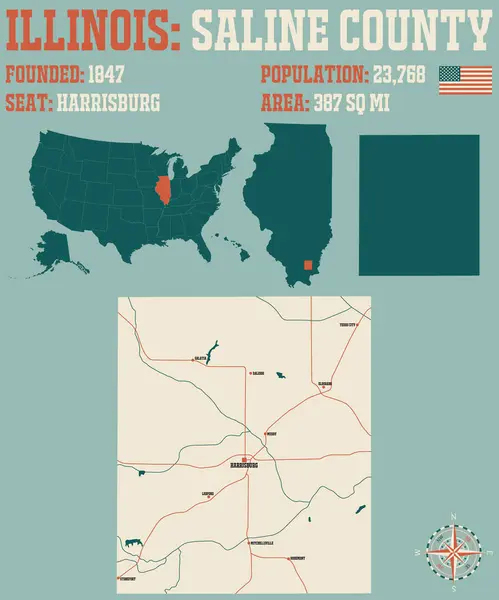米国イリノイ州のサリン郡の大規模かつ詳細な地図 — ストックベクタ