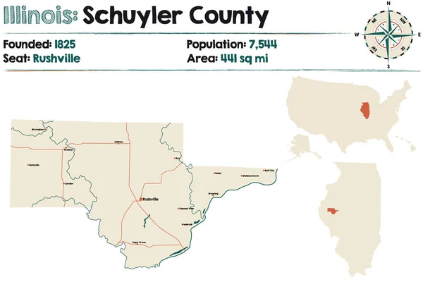 Illinois Abd Deki Schuyler Ilçesinin Geniş Ayrıntılı Haritası — Stok Vektör