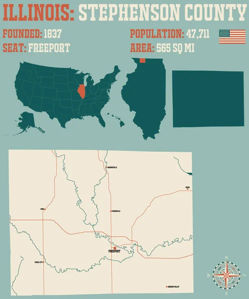 Large Detailed Map Stephenson County Illinois Usa — ストックベクタ