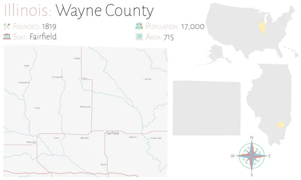 Large Detailed Map Wayne County Illinois Usa — Stok Vektör