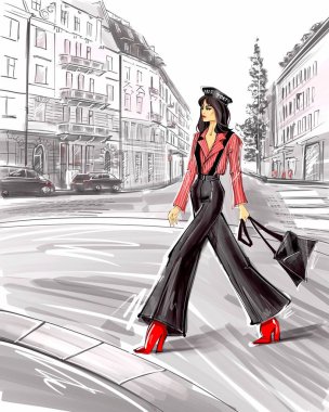 Sokakta Yürüyen Güzel Kız 'ın Moda İllüstrasyonu. Şık giyimli. Güzellik ve Tarz Konsepti. Moda Çizimi