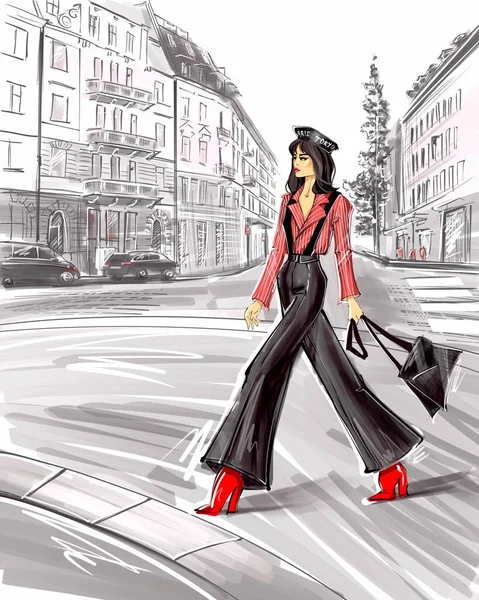 ストリートを歩く美しい女の子のファッションイラスト スタイリッシュな衣装 美しさとスタイルのコンセプト トレンディーなスケッチ — ストック写真