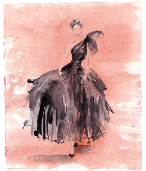 Akvarel Ručně Malované Módní Ilustrace Černé Šaty Silueta Minimalistické Skica — Stock fotografie