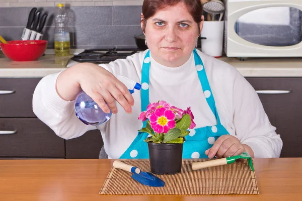 Mulher de meia-idade cuidando da flor — Fotografia de Stock