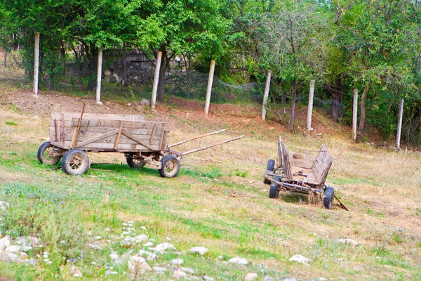 Traditional unharnessed carriages on field — Stock Photo, Image