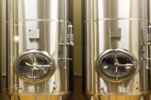 Big metal cisterns for beer at beer factory — Stock Photo, Image
