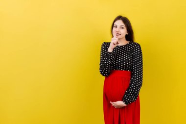 Genç, güzel, esmer, hamile bir kadın izole edilmiş renkli bir arka planda bebek bekliyor ve parmakları dudaklarında sessiz olmak istiyor. Annelik Sessizliği ve gizli konsept.